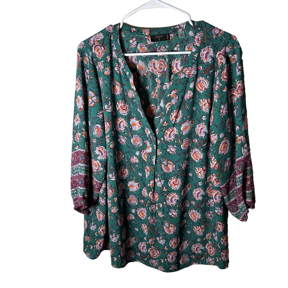 Tahari Blouse Women's 1X V-Neck Lightweight 3/4 Sleeve Floral Top Shirt